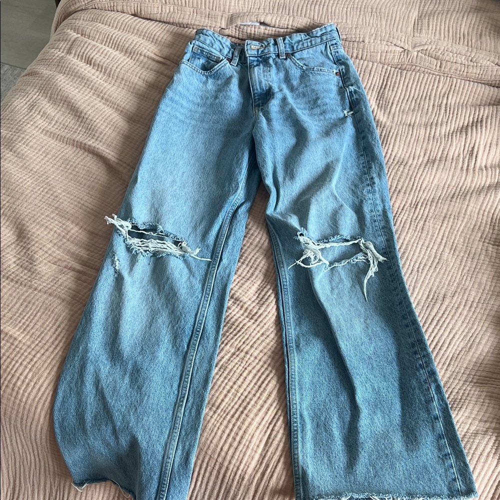Zara Light Blue Distressed Flare Jeans